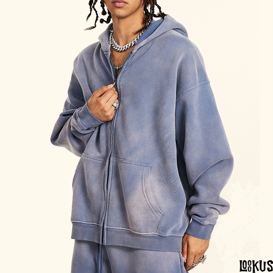 Loookus-Men’s Vintage Fleece-Lined Loose Hooded Zip-Up Jacket