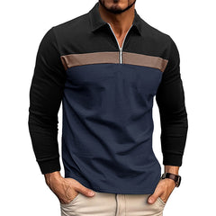 Loookus - Men's Long Sleeve Patchwork Cotton Color-blocked Polo Shirt