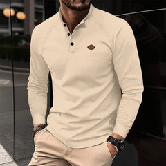 Loookus - Waffle Textured Solid Color Button-Up Polo Shirt with Long Sleeves