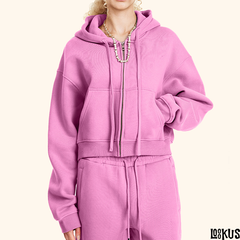 Loookus - Loose Fit Cropped Zip-Up Hoodie for Women