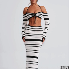 Loookus-Striped and Plaid Long Sleeve Crop Top Dress Set