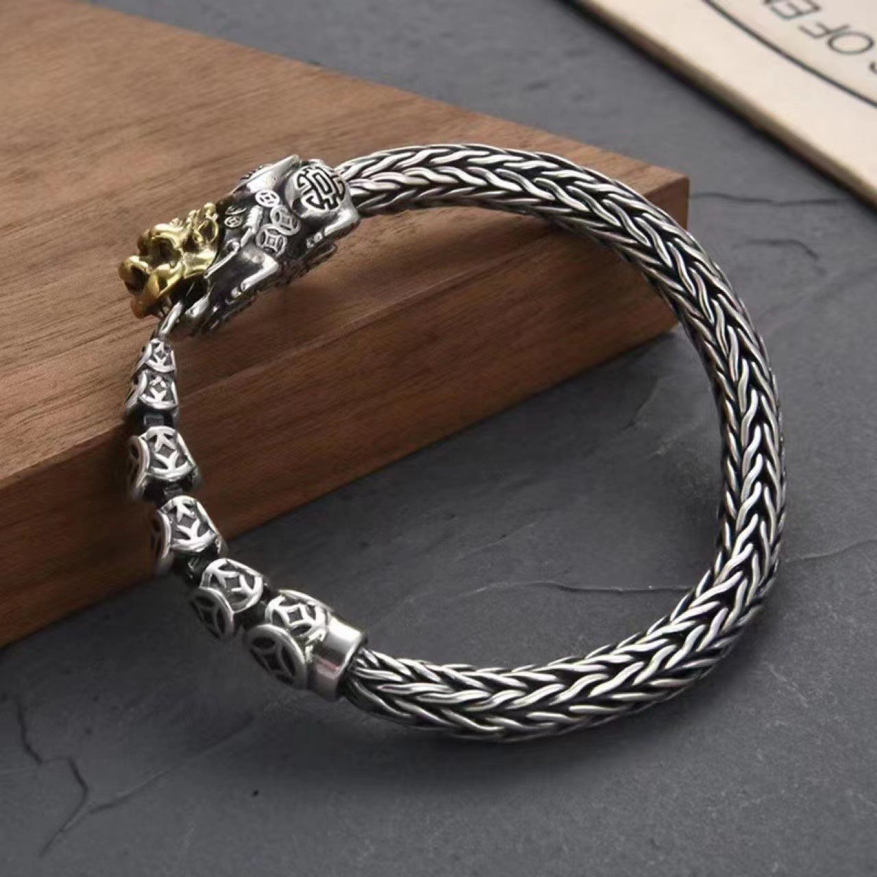 Loookus - 925 Silver Pure handmade Pixiu knitting trendy male retro ethnic style bracelet