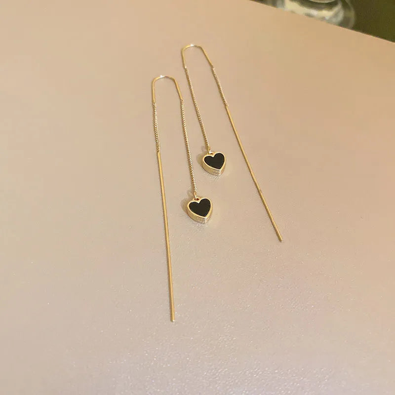 Loookus - Black Heart Ear Line Long Hanging Earrings