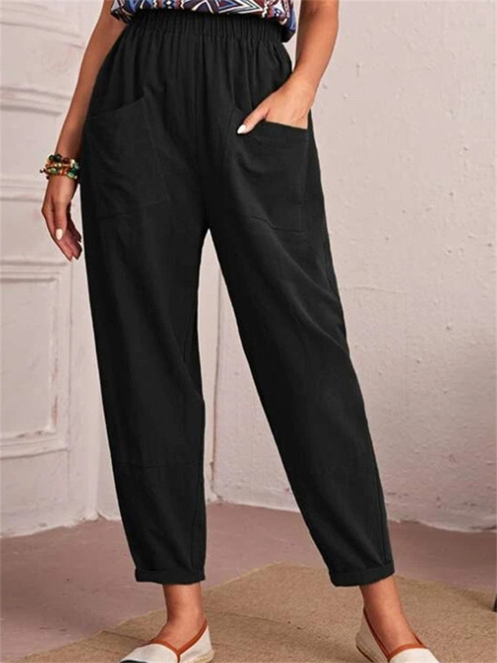 Loookus - Women's New Cotton and Linen Nine-minute Trousers Elasticated Waist Casual Trousers Pocket Small Leg Trousers