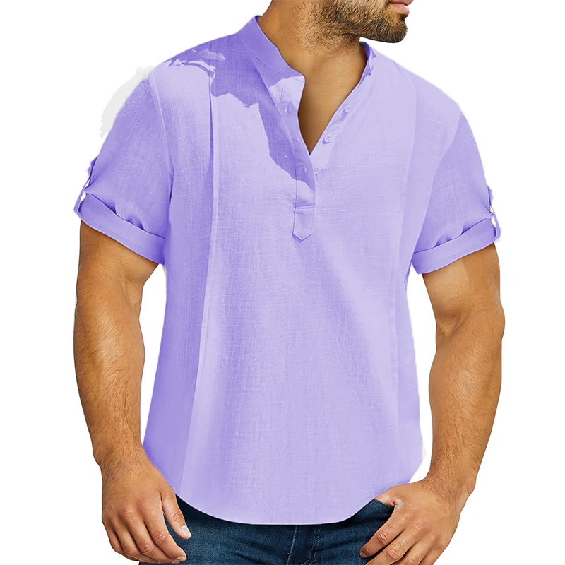 Loookus - Men's linen cotton Henley shirt casual shirt short sleeve T shirt