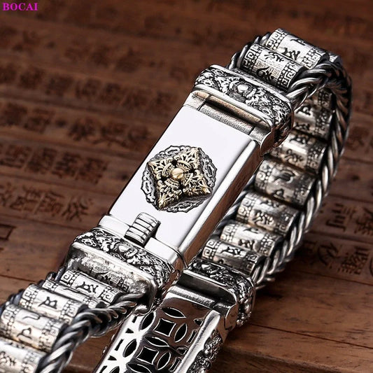 Loookus - 925 Silver Six Character Truth Vajra Pestle Rotating Drum Hand Bracelet