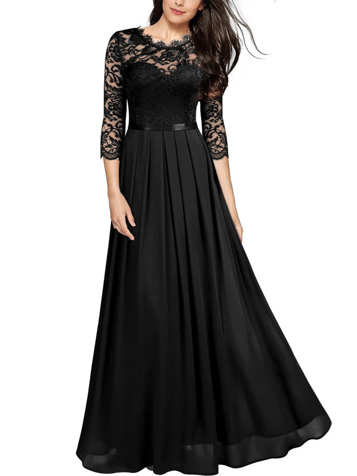 Loookus - Women's Party Dress Lace Dress Long Dress Maxi Dress Green Wine Navy Blue Black 3/4 Length Sleeve Pure Color Lace Ruched Winter Fall Crew Neck Elegant Formal Romantic Party 2022 S M L XL XXL