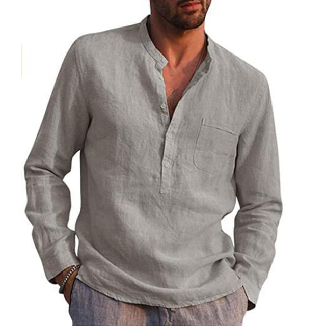 Loookus - Men's Cotton Linen Summer Solid Color  Stand-Up Collar Long-Sleeved Shirts