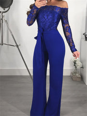 Loookus - Women's Sexy 2022 Blue Black Wine Jumpsuit Floral Tulle Chiffon Lace / Wide Leg