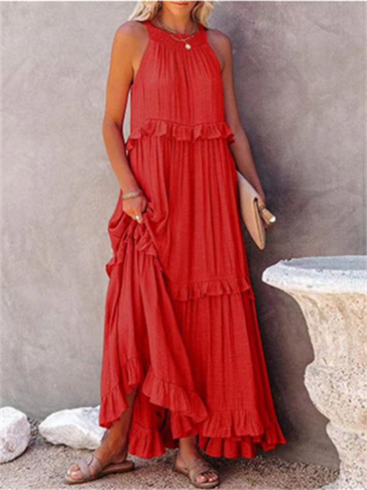 Loookus - Summer New Holiday Style Ruffled Long Dress Sleeveless Round Neck Swing Elegant Beach Dress Women