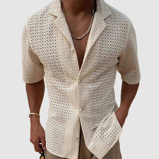 Loookus - Men's summer hollowed-out sweater solid color lapel short sleeve knit shirt