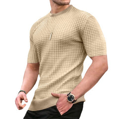 Loookus - Men's new small square lattice t-shirt round collar casual half-sleeve top