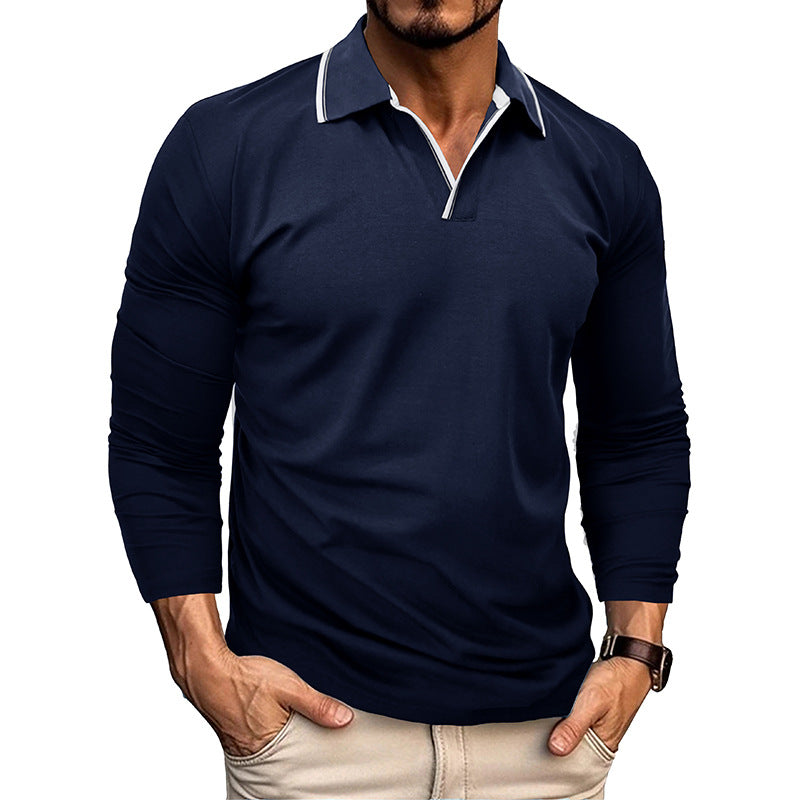 Loookus - Men's Long Sleeve Patchwork Cotton Color Blocked White Line Polo Shirt