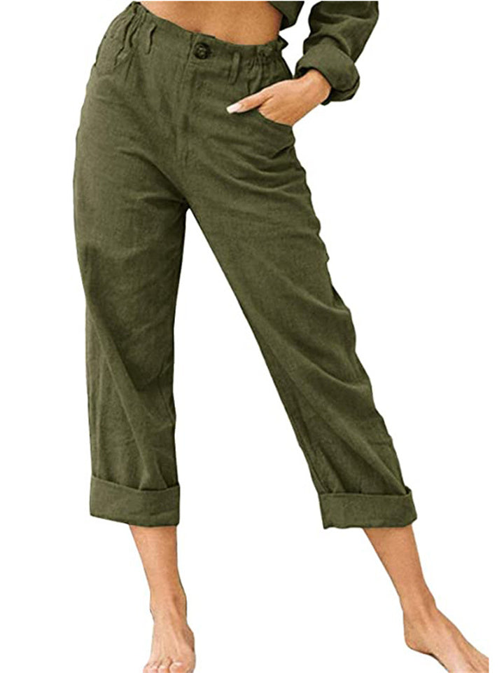 Loookus - Women's New Solid Color Cotton and Linen Fashion Loose High-waisted Straight Casual Pants