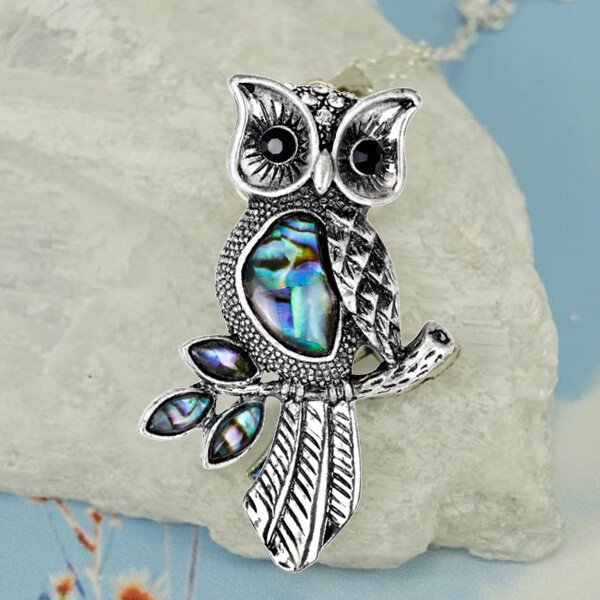 Loookus - Sterling Silver Abalone Jewellery Owl Pendant Necklace