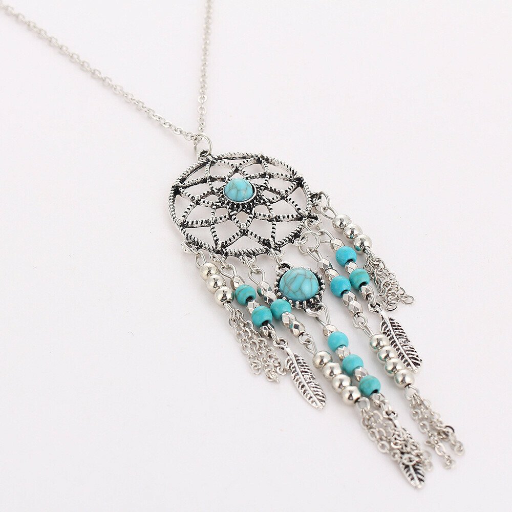 Loookus - "Sedona Sky" Tassel Pendant Hand-Enameled Turquoise Necklace