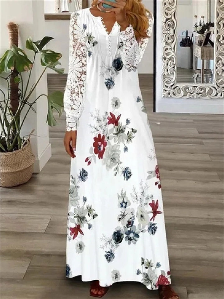 Loookus - Spring and Summer Women's Fashion V-neck Long-sleeved Lace Long Dress