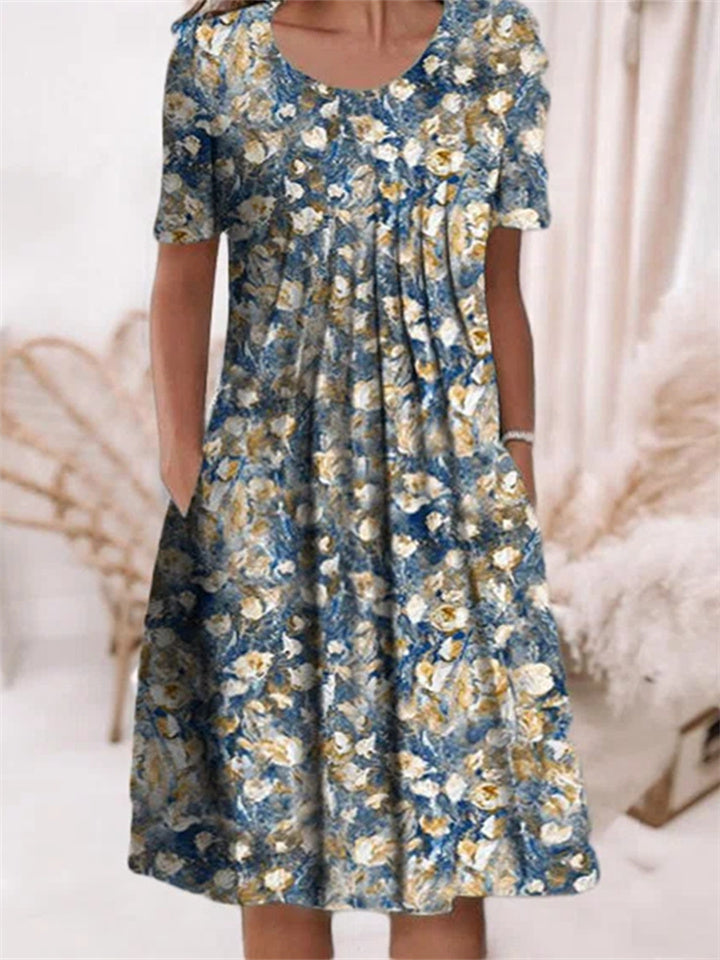 Loookus - Casual Flower Round Neck Medium Length Straight Dress