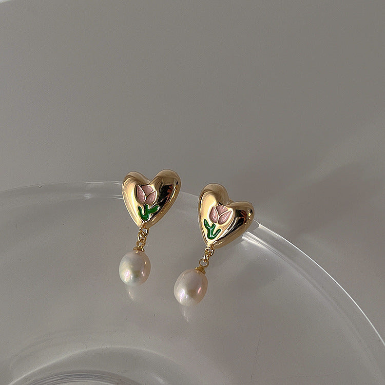 Loookus - Oil Dripping Tulip Metal Heart Pearl Earrings