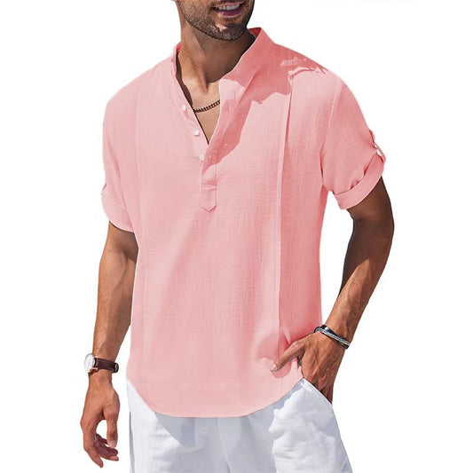Loookus - Men's Linen Cotton Henley Shirt Casual Beach Hippie Shirts Short Sleeve T Shirts