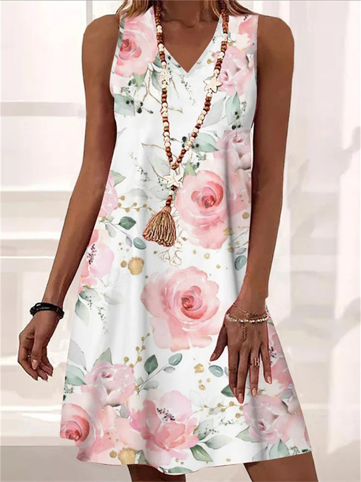 Loookus - Summer Loose Comfortable Casual V-neck Sheath Sleeveless Plant Floral Print Mid-length A-line Dress Elegant Wind Dress