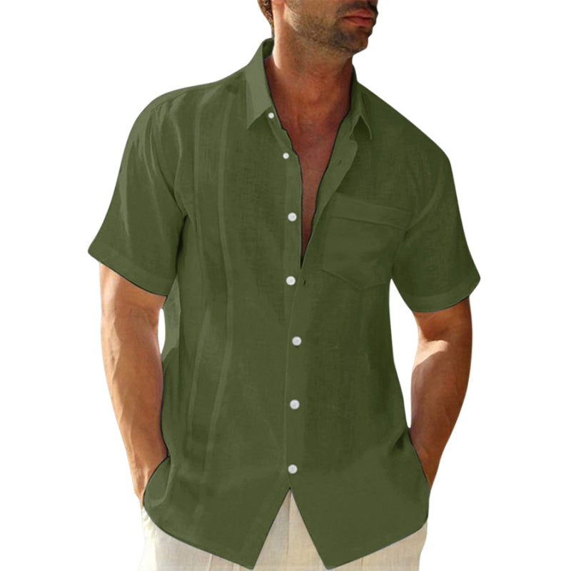 Loookus - Men's summer lapel solid color cotton and linen cardigan casual short-sleeved shirt