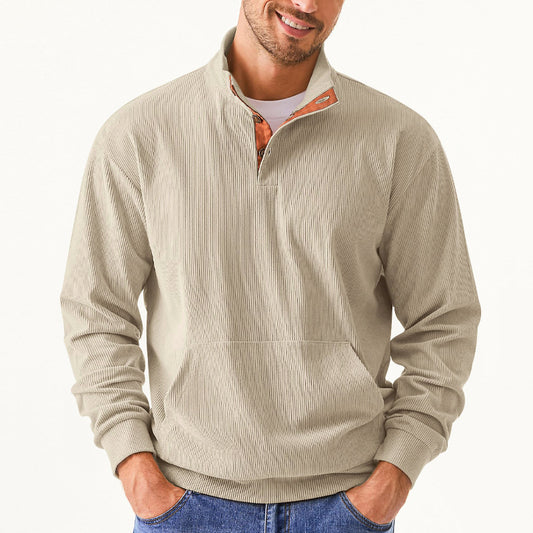 Loookus - Waffle Textured Solid Color Button-Up Corduroy Polo Shirt with Long Sleeves