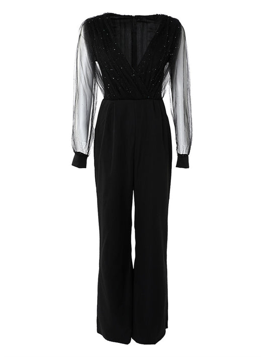 Loookus - Women's Jumpsuit Mesh Sequin Solid Color V Neck Elegant Party Prom Regular Fit Long Sleeve Black S M L Spring