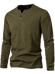 Loookus - Long Sleeve Cotton With Small V-Shape Collar Henley Shirt