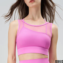 Loookus - Faux Two-Piece Sports Bra - Mesh Panel, Breathable Backless Running and Fitness Yoga Tank Top