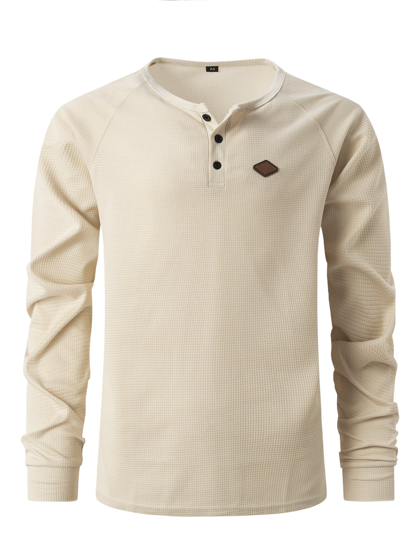 Loookus - Waffle Textured Solid Color Button-Up Polo Shirt with Long Sleeves