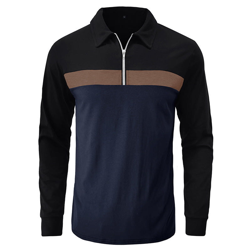 Loookus - Men's Long Sleeve Patchwork Cotton Color-blocked Polo Shirt