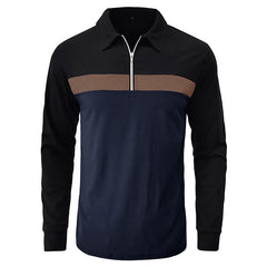 Loookus - Men's Long Sleeve Patchwork Cotton Color-blocked Polo Shirt