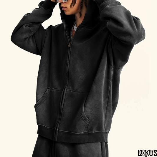 Loookus-Men’s Vintage Fleece-Lined Loose Hooded Zip-Up Jacket