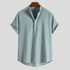 Loookus - Men Linen Striped Half Button Shirt