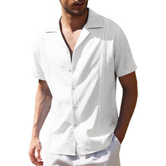 Loookus - Mens Cotton Linen Casual Cuban Short Sleeve Beach Shirt