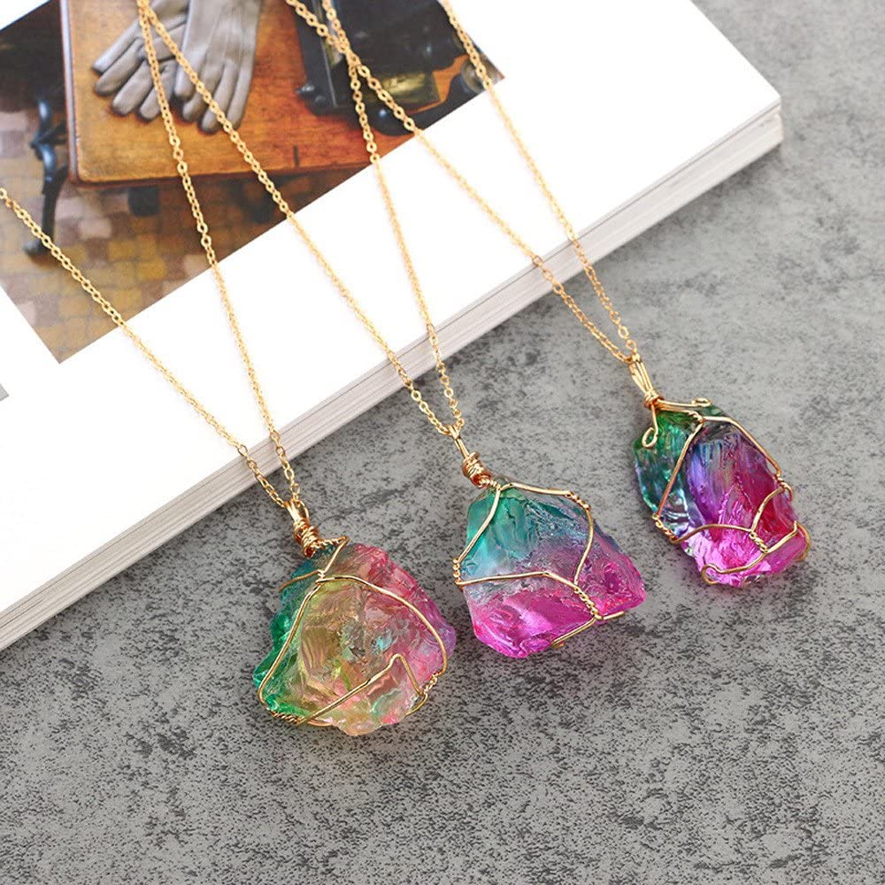 Loookus - Natural Rainbow Stone Healing Irregular Crystal Rock Pendant Necklace