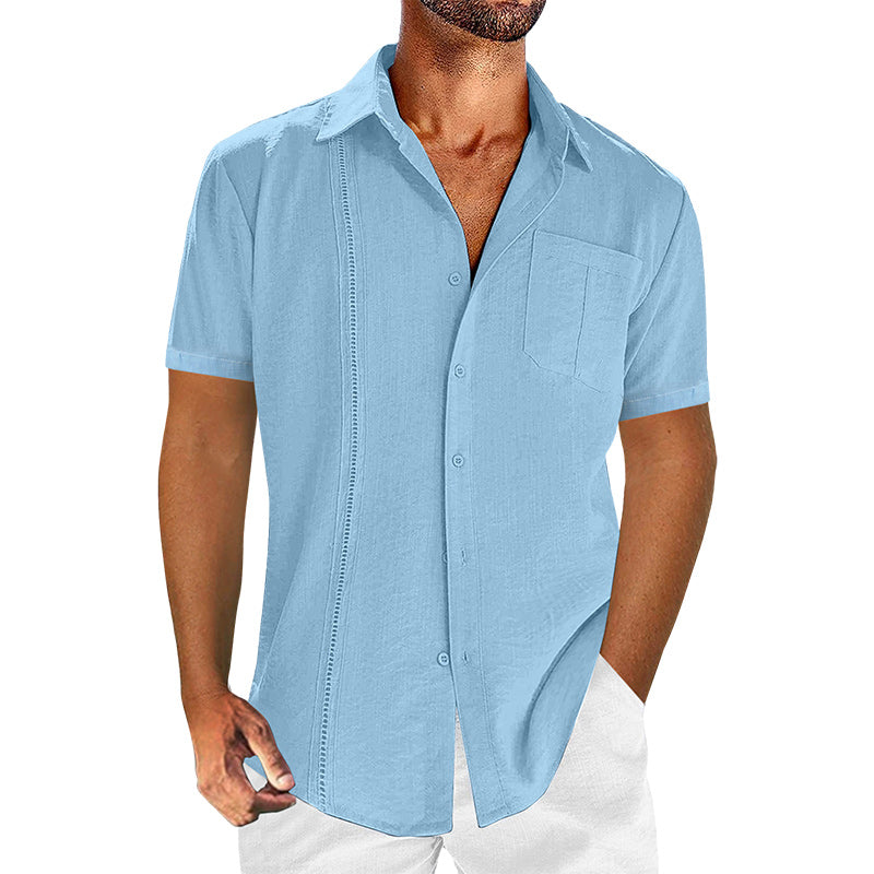 Loookus - Casual solid color men's linen cotton short sleeve shirt