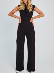 Loookus - New Temperament Straps Waisted Jumpsuit Women's Solid Colour V-neck Sleeveless Wide-leg Jumpsuit