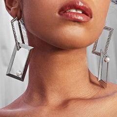 Loookus - Diamond And Pearl Square Earrings