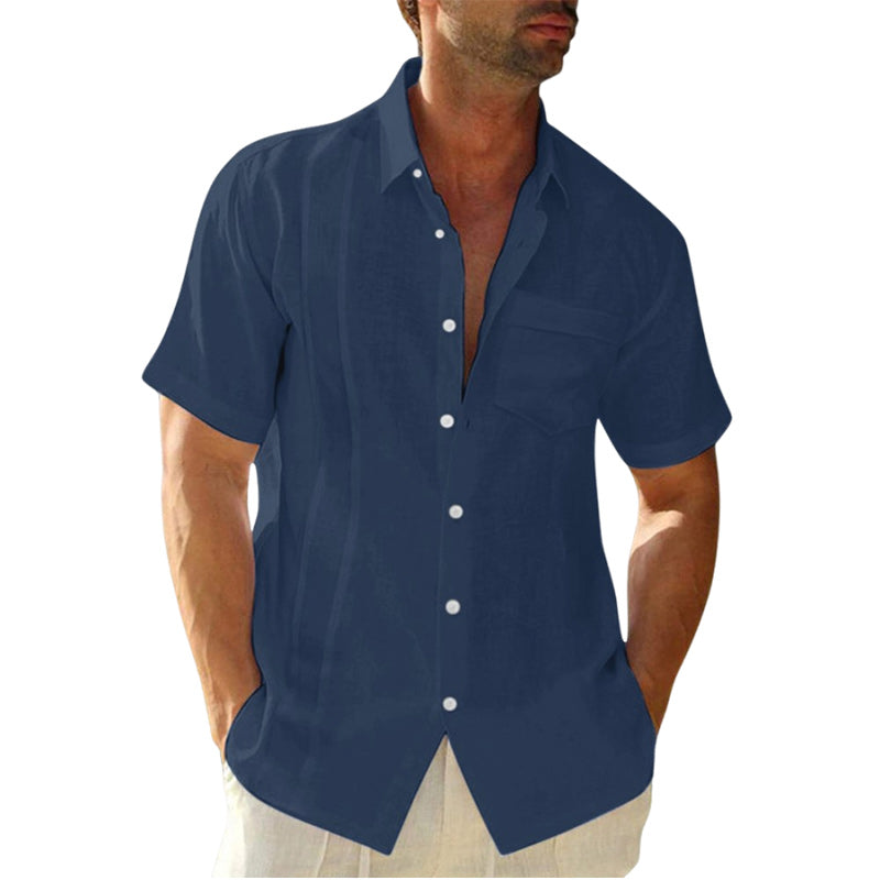 Loookus - Men's summer lapel solid color cotton and linen cardigan casual short-sleeved shirt