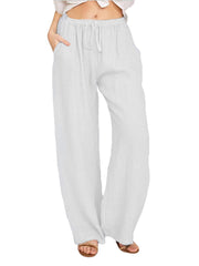 Loookus - New Women's Casual Pants Solid Color Cotton and Linen Loose High-waisted Tie Wide-legged Pants