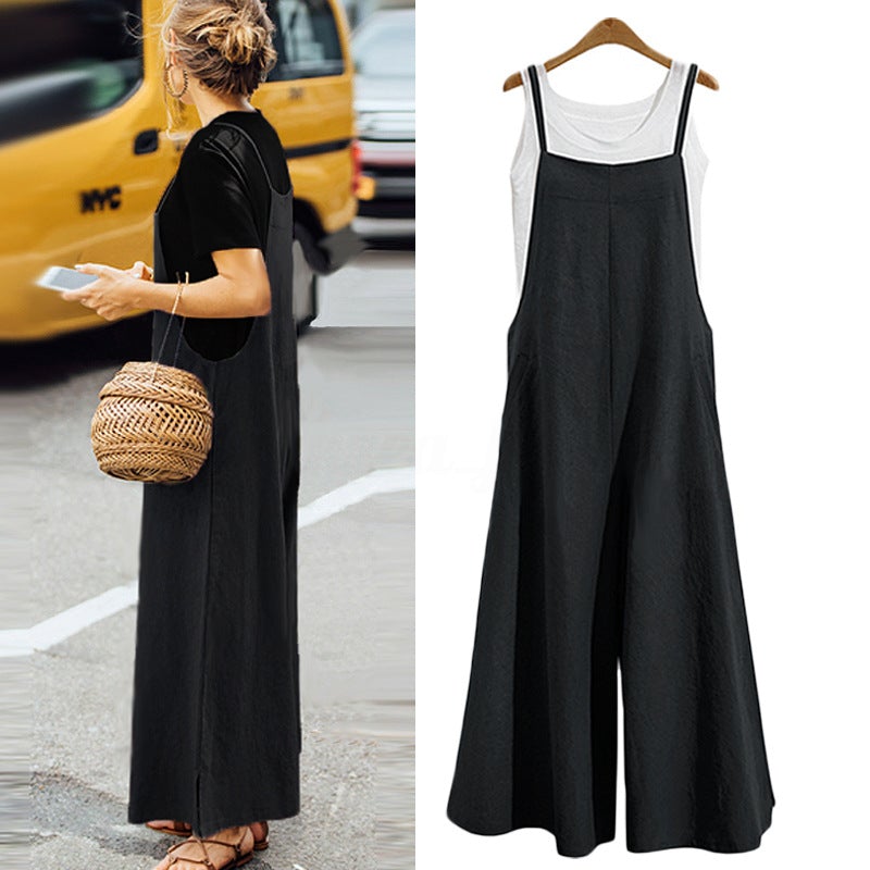 Loookus - Women's Loose Conjoined Wide Leg Pants Casual Jumpsuit Linen