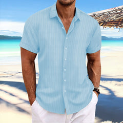 Loookus - Men's cotton and linen striped jacquard casual loose short-sleeved shirt