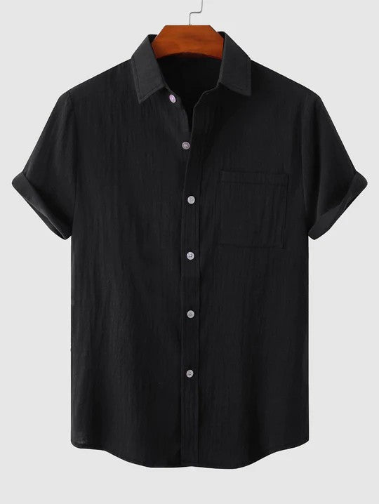 Loookus - Men's summer linen short sleeve contracted top solid color lapel shirt