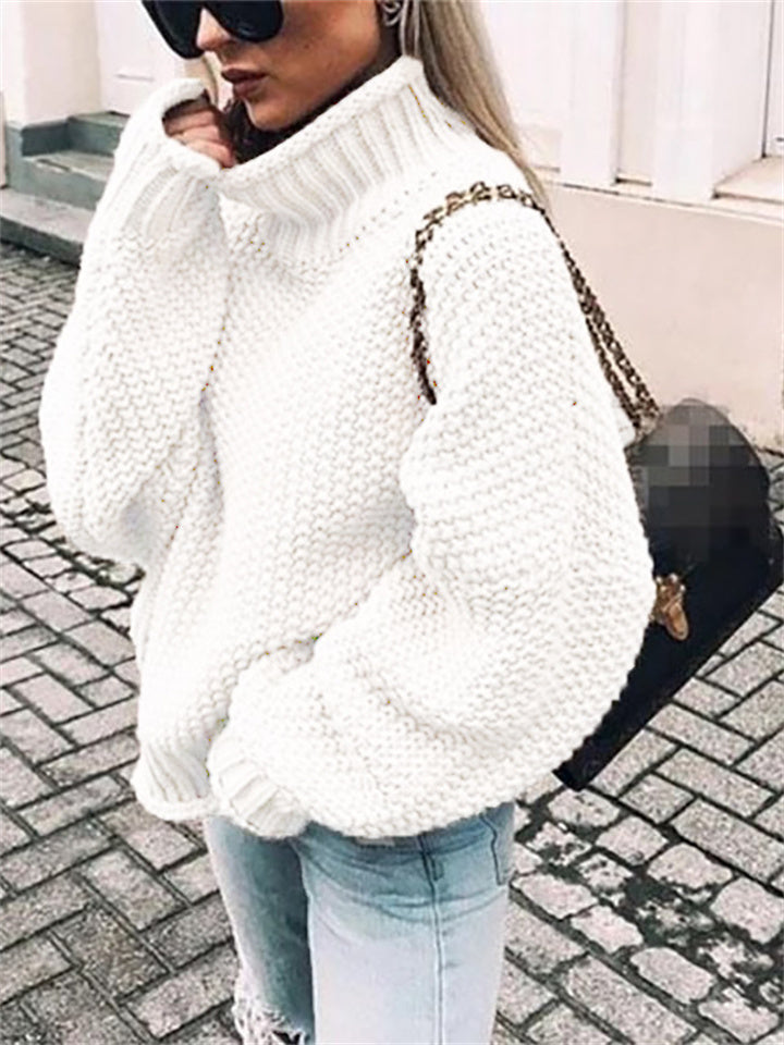 Loookus - Share  Photo by Supplier   Women's Sweater Pullover Jumper Knitted Solid Color Basic Casual Chunky Long Sleeve Loose Sweater Cardigans Turtleneck Fall Winter Light Blue Green White