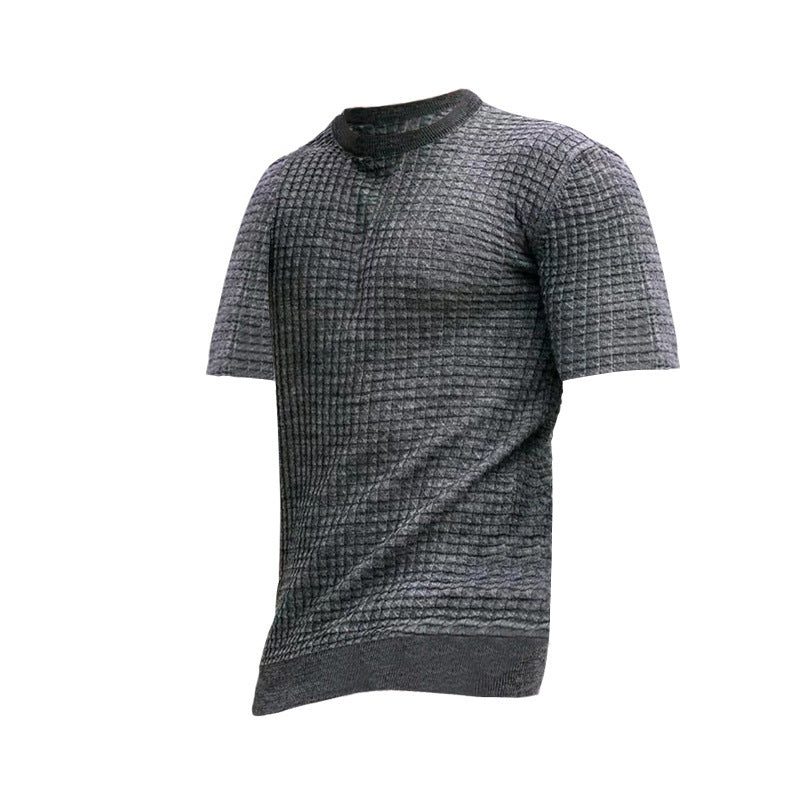 Loookus - Men's new small square lattice t-shirt round collar casual half-sleeve top