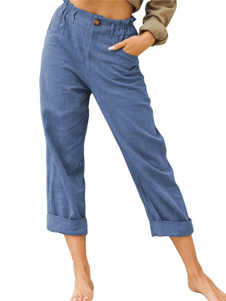 Loookus - Women's New Solid Color Cotton and Linen Fashion Loose High-waisted Straight Casual Pants