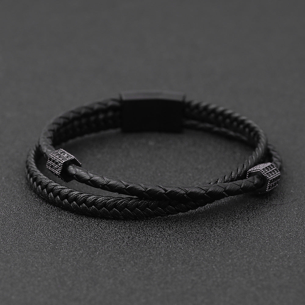 Loookus - 925 Silver Men's multilayer woven leather bracelet Stainless steel diamond inset bracelet gift