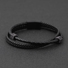 Loookus - 925 Silver Men's multilayer woven leather bracelet Stainless steel diamond inset bracelet gift